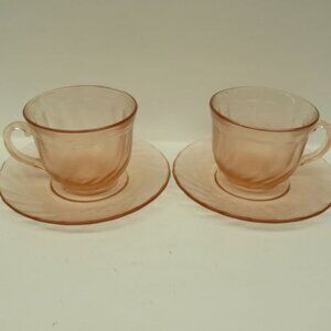 2 - Crystal D'Arques Durand ROSELINE Pink Swirl Tea or Coffee Cups and Saucers